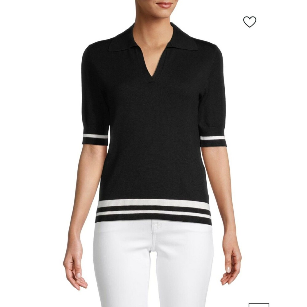 Saks Fifth Avenue Contrast Stripe Johnny Collar Pullover SZ M BLACK/WHITE OOO